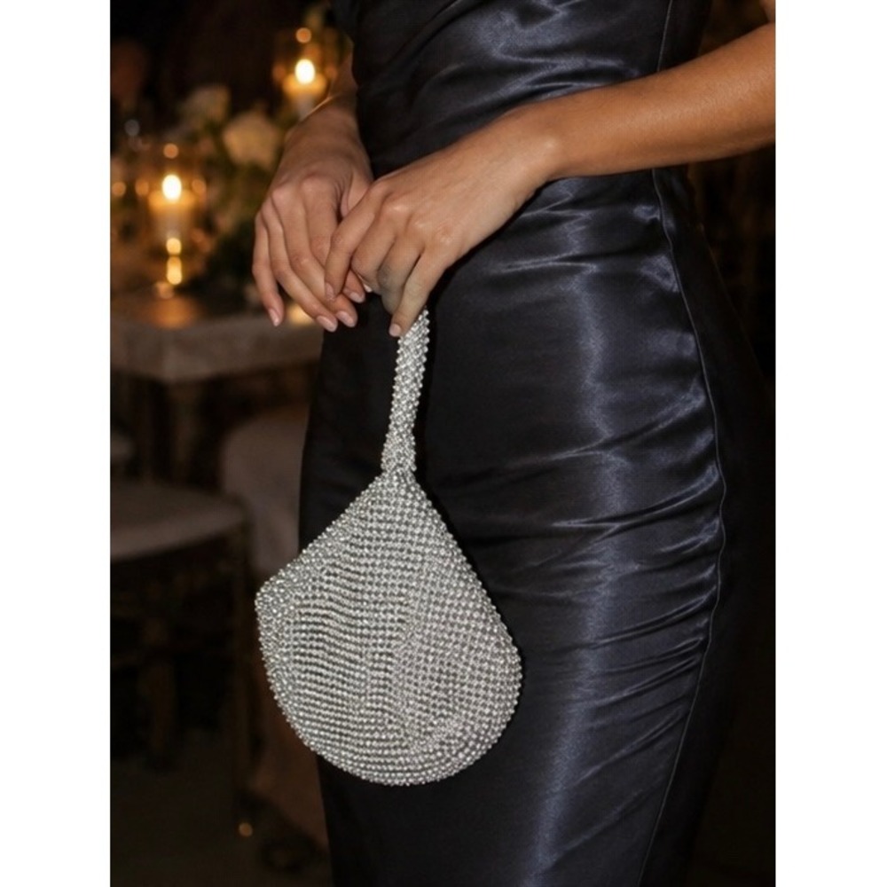 Silver Rhinestone Mesh Wristlet Evening Clutch Crystal Pouch Bag